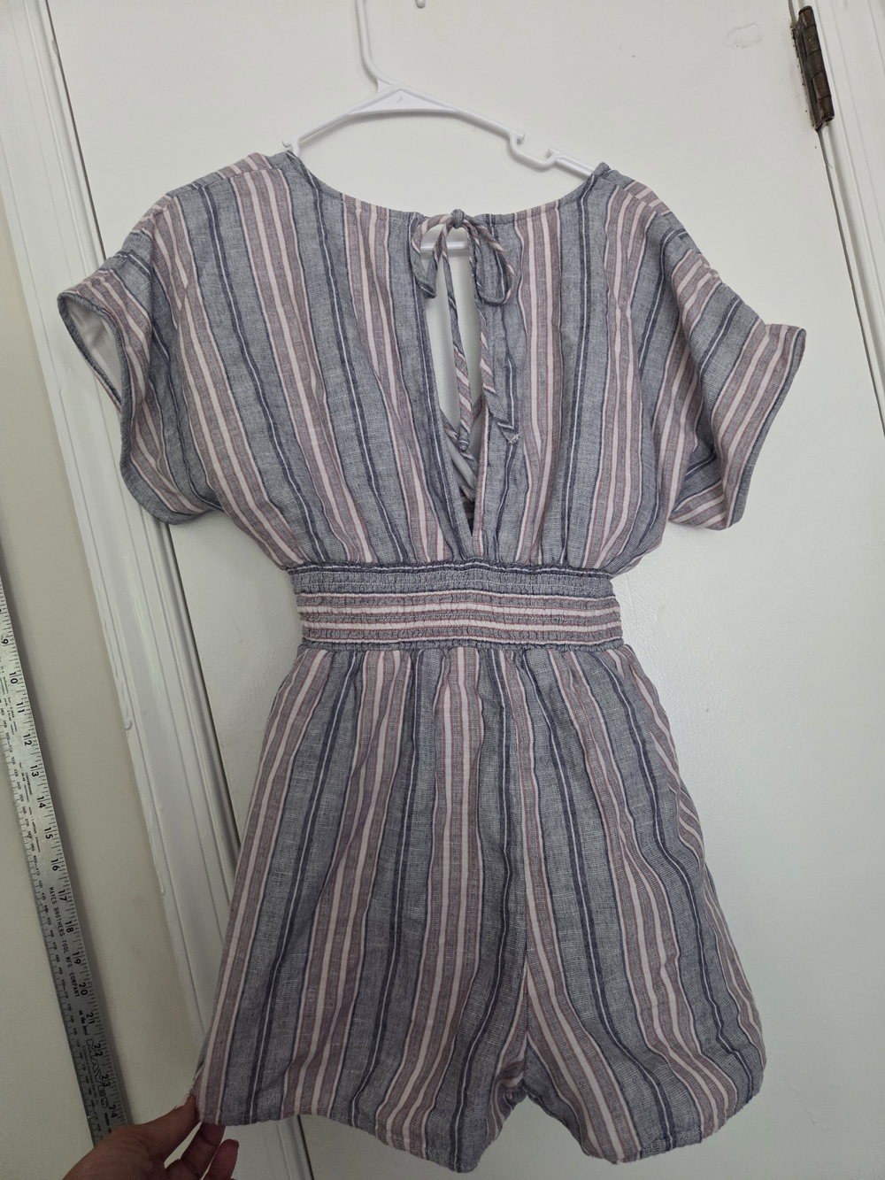 American Eagle Outfitters Striped V-Neck Tie-Waist Romper in Blue and White - Picture 3 of 7